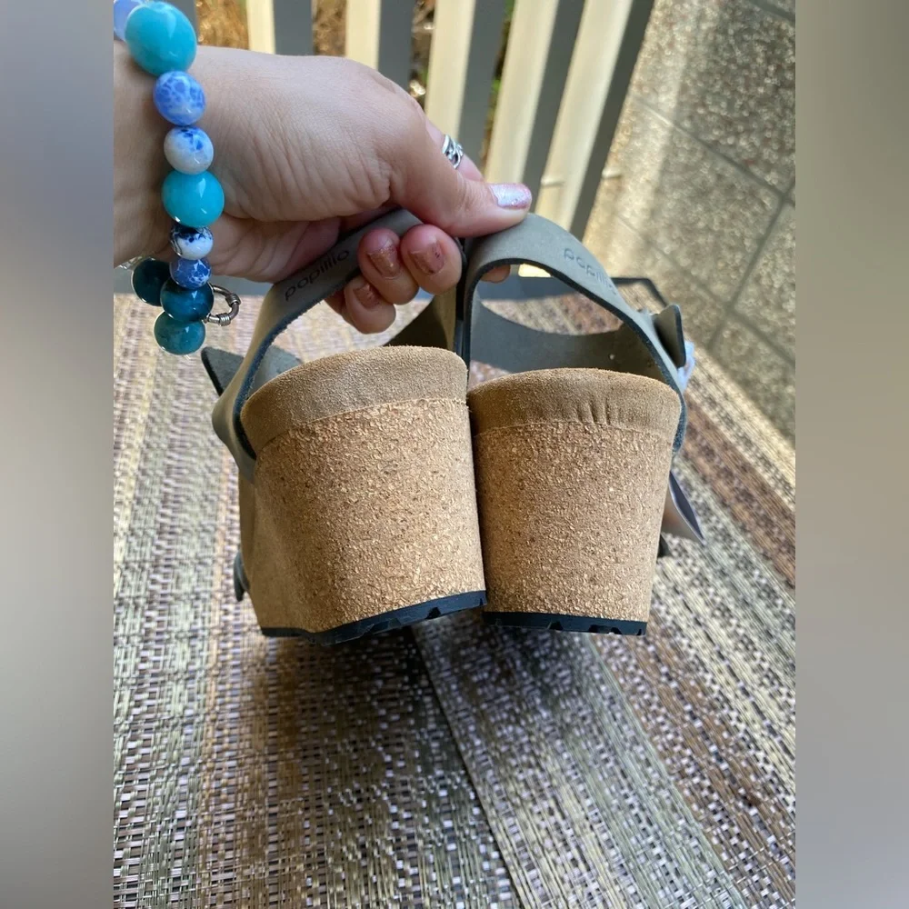 Papillio Light Gray Suede Buckle Ankle-Strap Sandals